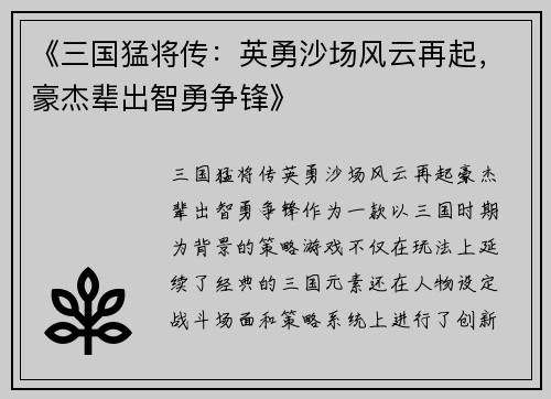 《三国猛将传：英勇沙场风云再起，豪杰辈出智勇争锋》